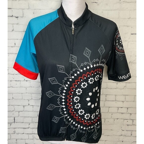 Weimostar Womens Blue Black Floral Cycling Jersey Full Zip Back Pouch Size L R1 - Picture 1 of 10